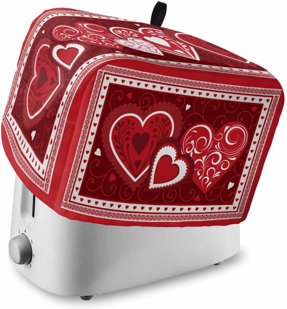 Red Valentines Toaster Cover 2 Slice, Small Kitchen Appliance Covers, Romantic Love Heart Red Toaster Oven Cover with Loop, Bread Machine Cover Polyester Dust Cover Protection