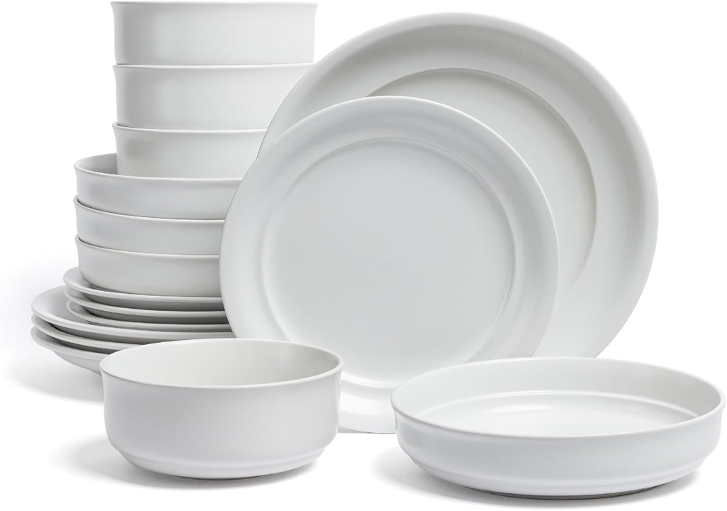 over&back Rim Dinnerware Set - Stoneware Dishes - Comes with 4 Dinner Plates, Salad Plates, Cereal Bowls, and Dinner Bowls - 16-Piece All-Occasion Place Settings - Serves Four - Semi-Matte White