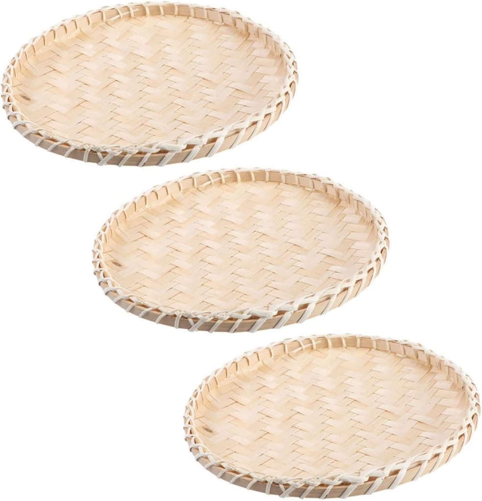3pcs Bamboo Fruit Basket Serving Basket Tray Wall Art Ornament Woven Fruit Basket Round Woven Tray Flat Shallow Tray Wicker Bread Basket Rattan Fruit Bowl Colander Wall Hanging