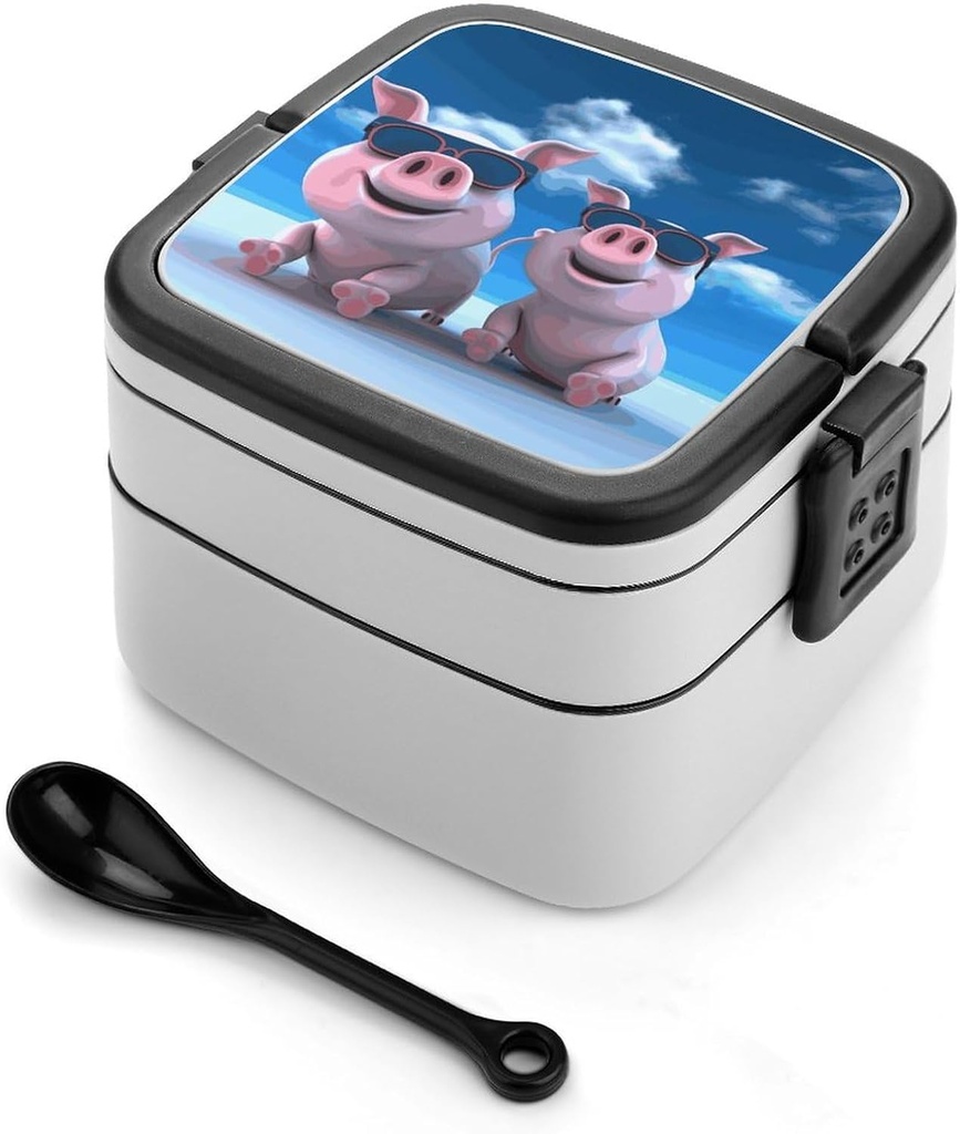 Funny 3D Piggies Bento Box with Compartments Double Layer Bento Lunch Box with Spoon And Handle All-in-One Adult Lunchbox Leakproof Lunch Container for Work Picnic Travel