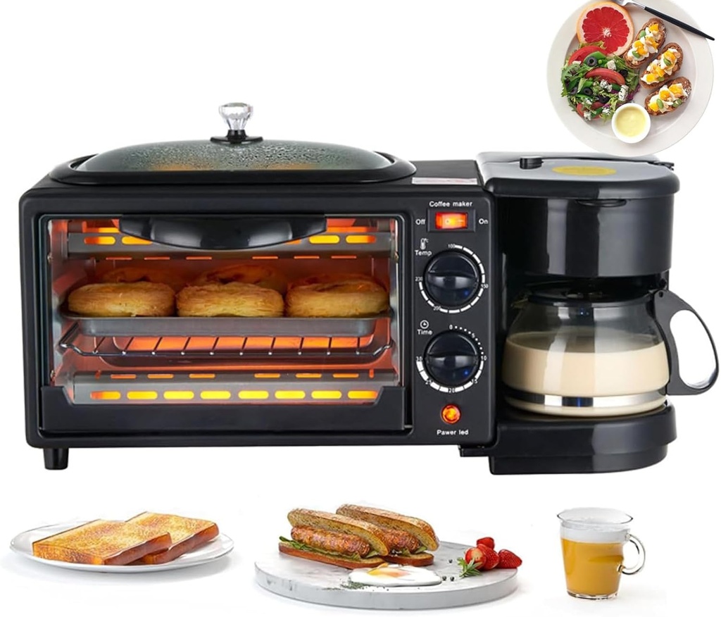 3-In-1 Breakfast Maker Station,Portable Oven Breakfast Maker With Coffee Machine,Non-Stick Pan,Versatile Breakfast Maker, Toaster Oven With 30-Min Timer,For Apartments Kitchenettes
