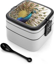 Golden Peacock Bento Box Adult Lunch Box All-in-One Lunch Containers with Removable Compartments Double Layer Bento Lunch Box with Spoon And Handle Stackable Lunchbox