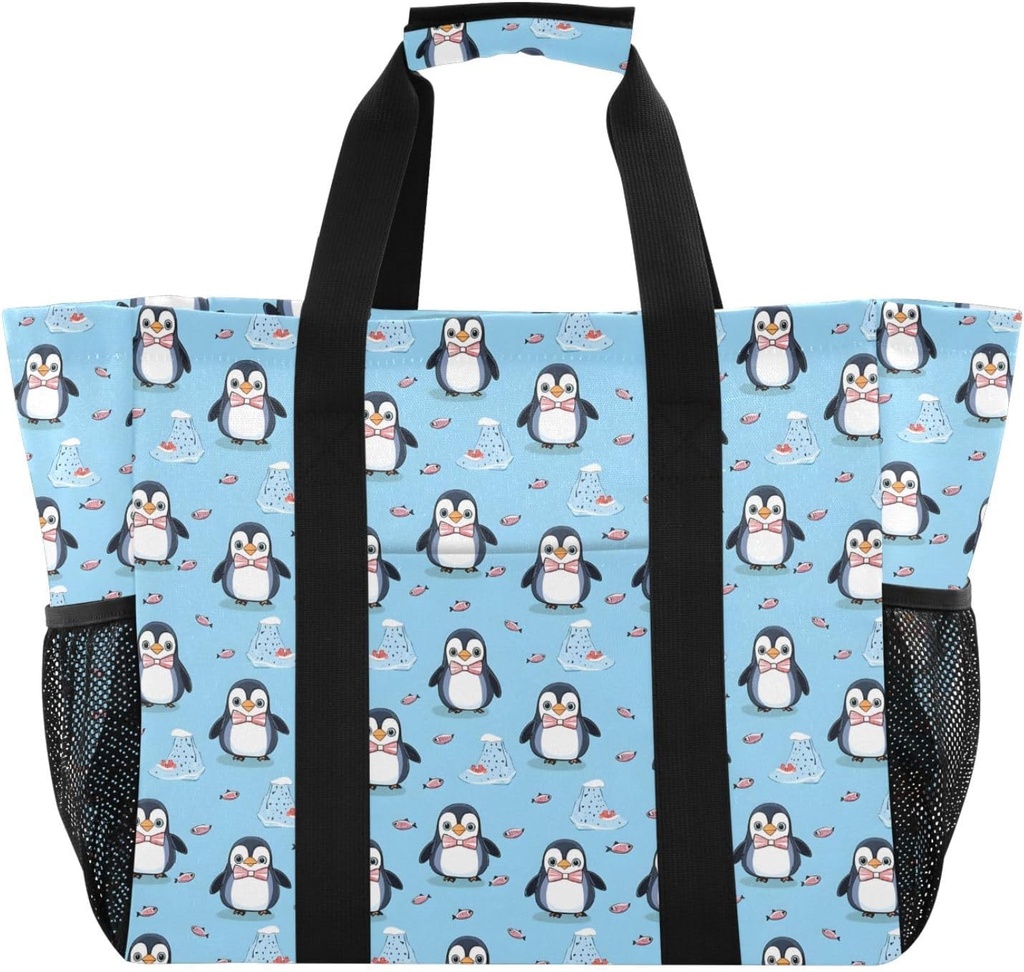 ALAZA Cute Penguin Fish Blue Large Reusable Grocery Bag Heavy Duty Reusable Shopping Bag with Reinforced Bottom Handles Foldable Bag