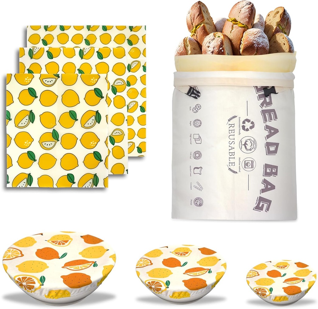 Beeswax Bread Bags for Sourdough/Beeswax Wraps for Food/Bowl Covers for Proofing, 7-in-1 Reusable Sourdough Starter Kit Baking Supplies for Homemade Bread Making and Fresh Storage (Lemon)