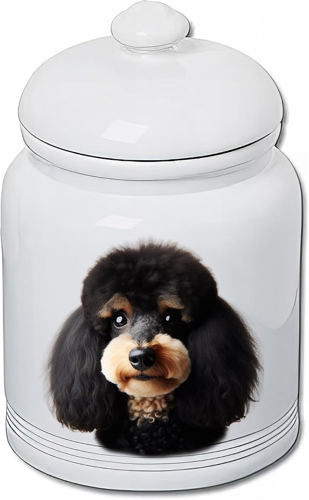 Best of Breed Poodle Black/Tan Dog and Cat Ceramic Treat Jar 9" Tall Air Tight Seal All White
