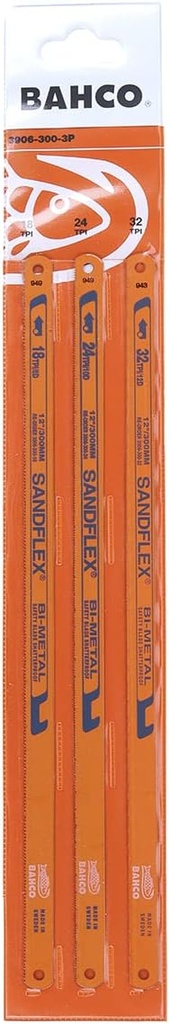 SnapOn 3906-300-3P Bahco 12-Inch Sand Flex Bi Metal Hand Hacksaw Blade, 3-Pack