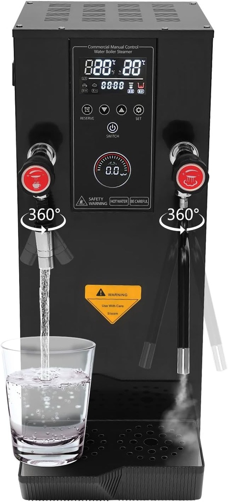 Continuous Steam Commercial Steam Milk Frother, 3000W Automatic Steam Boiling Water Machine 3.2Gal, 2-Wand, Controllable Temperature, Electric Foam Maker for Coffee, Latte, Milk, Tea (Black)