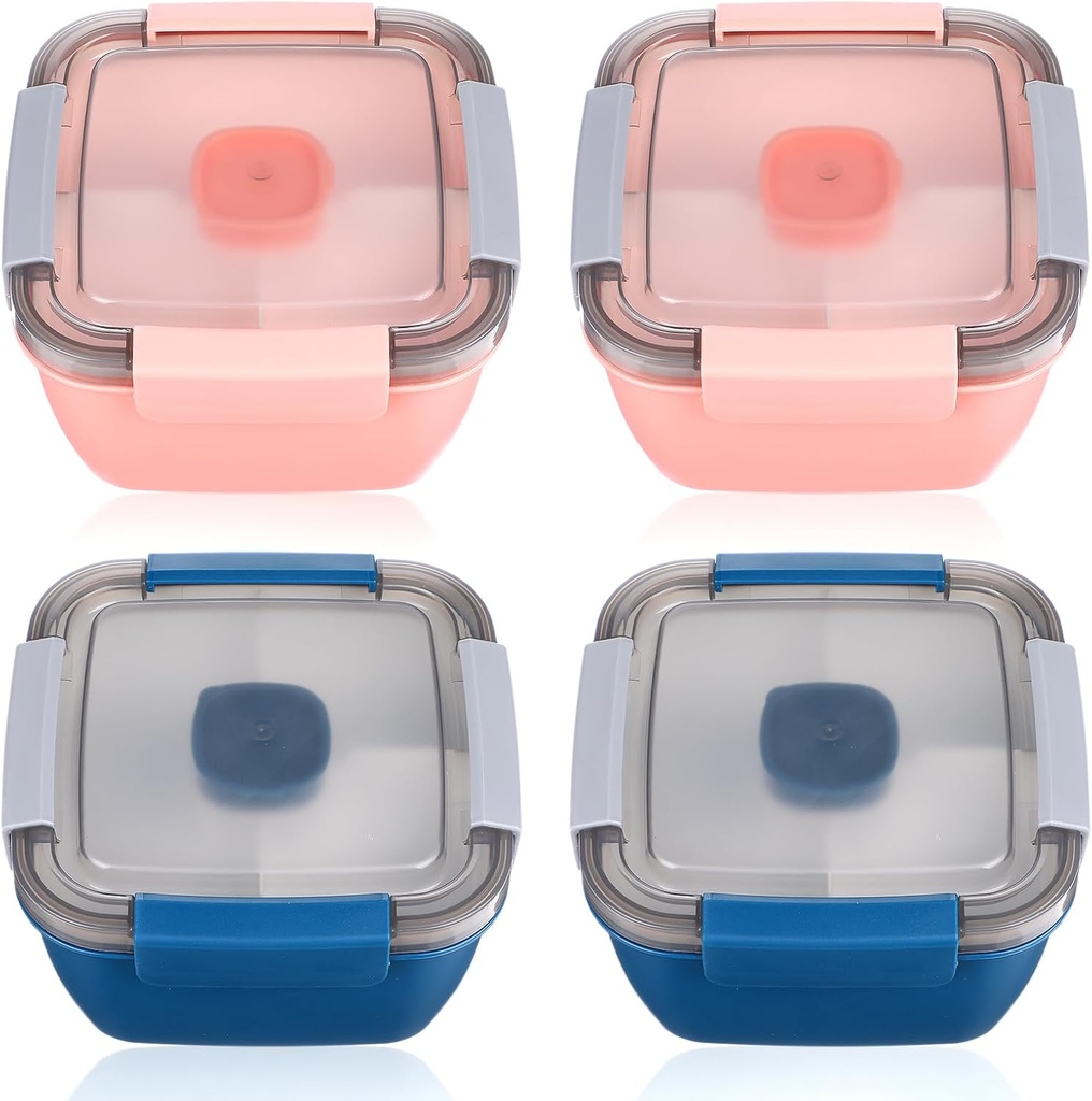 Salad Lunch Container To Go, 4 Packs 50-oz Bowls With 3 Compartments, Dressings Container for Toppings, Snacks, Men, Women (Pink+Blue)