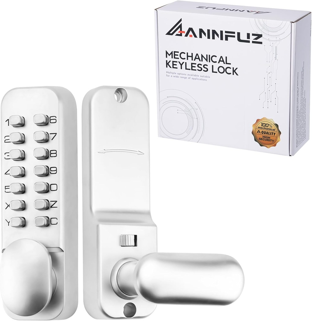 Pure Mechanical Keyless Entry Door Handle Lock with Keypad,Single-Sided Push Button Combination Code Lever Lock,Auto Locking,Interior Hold-Opening,for Front Gate,No Battery(Pearl Chrome)