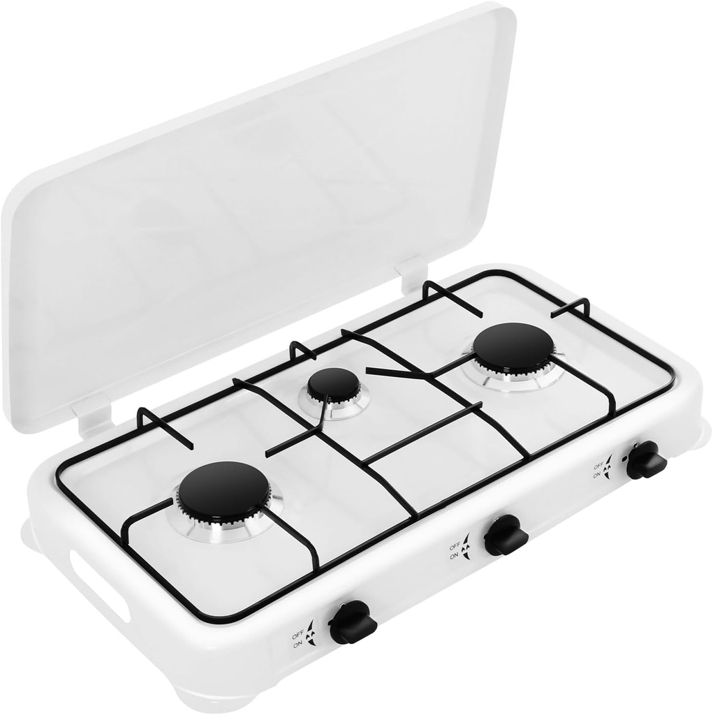 3 Burner Propane Gas Cooktop with Wind Blocking Cover and Auto Ignition Gas Stove LPG for RV, Camping, Apartment, Outdoor Cooking, Enamel Surface, Cast Aluminum, Safety Valve (White)