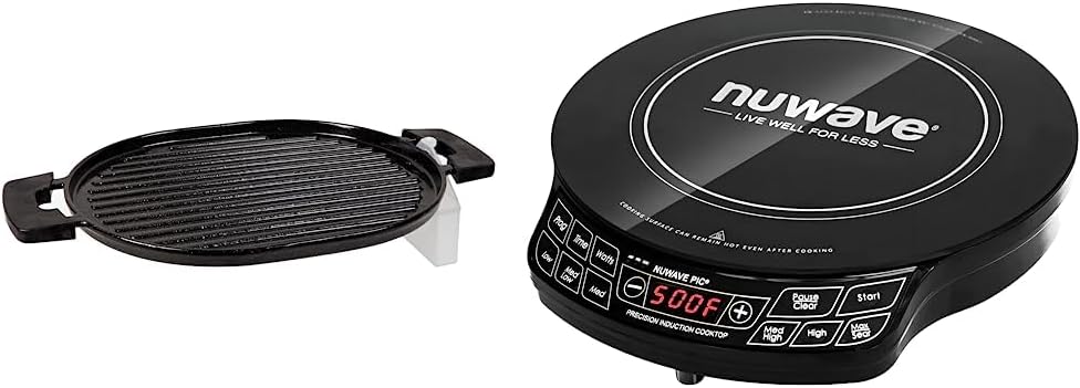 Nuwave Cast Iron Grill With Enameled Non-Stick Coating, Designed For The Precision Induction Cooktop Black 16.3" x 10.4" x 0.7" & Flex Precision Induction Cooktop, Portable, Large 6.5” Heating