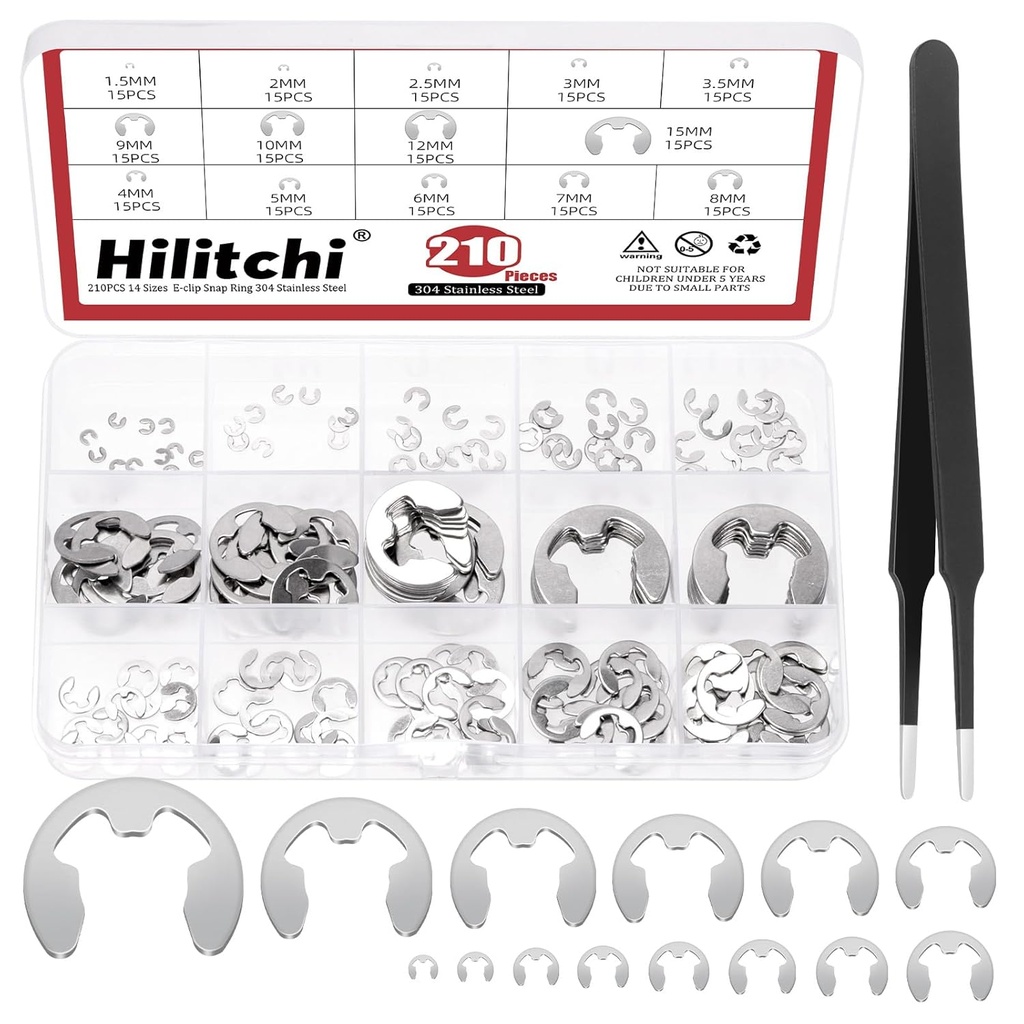 Hilitchi 211Pcs 14 Sizes 304 Stainless Steel E Clip Assortment Kit with Tweezers, M1.5 M2 M2.5 M3 M3.5 M4 M5 M6 M7 M8 M9 M10 M12 M15 External Retaining Ring Snap Ring E-Clip Cir-clip for Machine