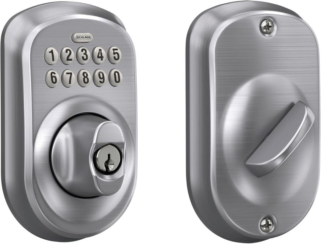 Schlage BE365 PLY 626 Plymouth Keypad Deadbolt, Electronic Keyless Entry Lock, Satin Chrome