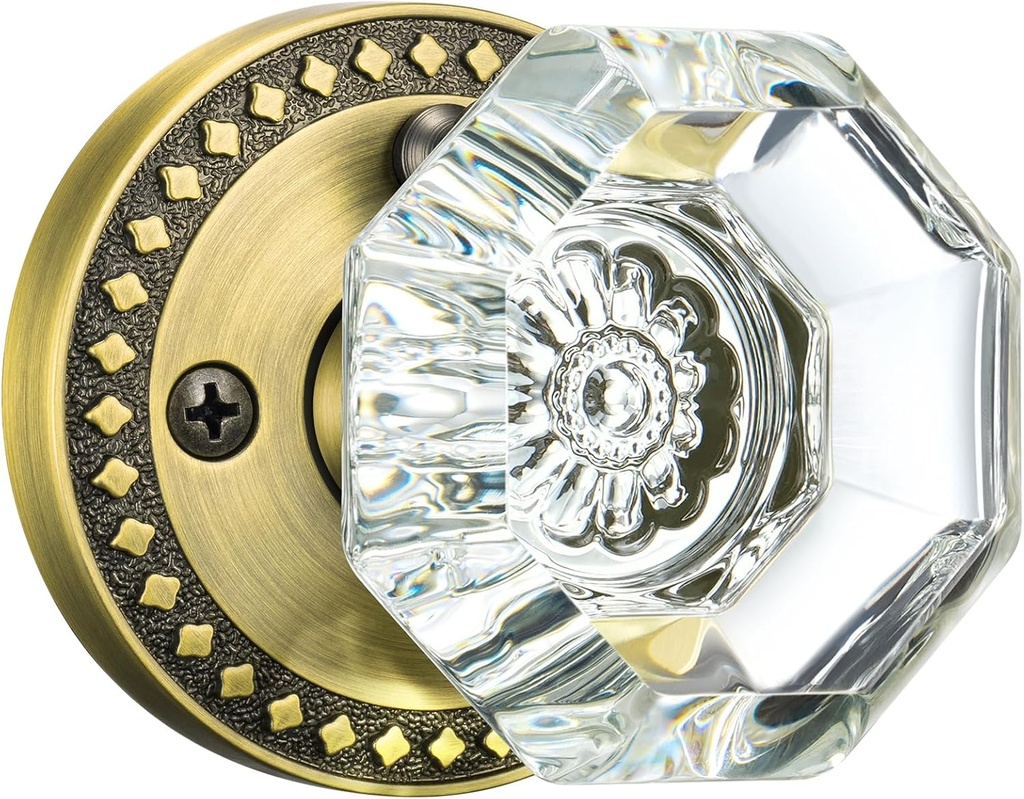 Glass Door Knobs with Lock, Antique Brass Crystal Door Knobs Interior for Privacy Use, Octagon Vintage Crystal Doorknob Set for Bathroom & Bedroom, 3 Pack