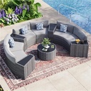 11 Piece Curved Rattan Patio Furniture Set Outdoor Sectional Sofa with Waterproof Cushions Coffee Table Side Tables and Pillows for Backyard Garden