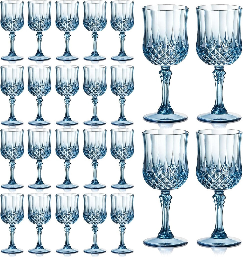 XUWAIDSGN 24 Pcs 7oz Plastic Vintage Wine Glasses Drinking Glasses Unbreakable Wedding Glassware Crystal Water Goblets Reusable Drinkware Vintage Champagne Flutes (24, Blue)