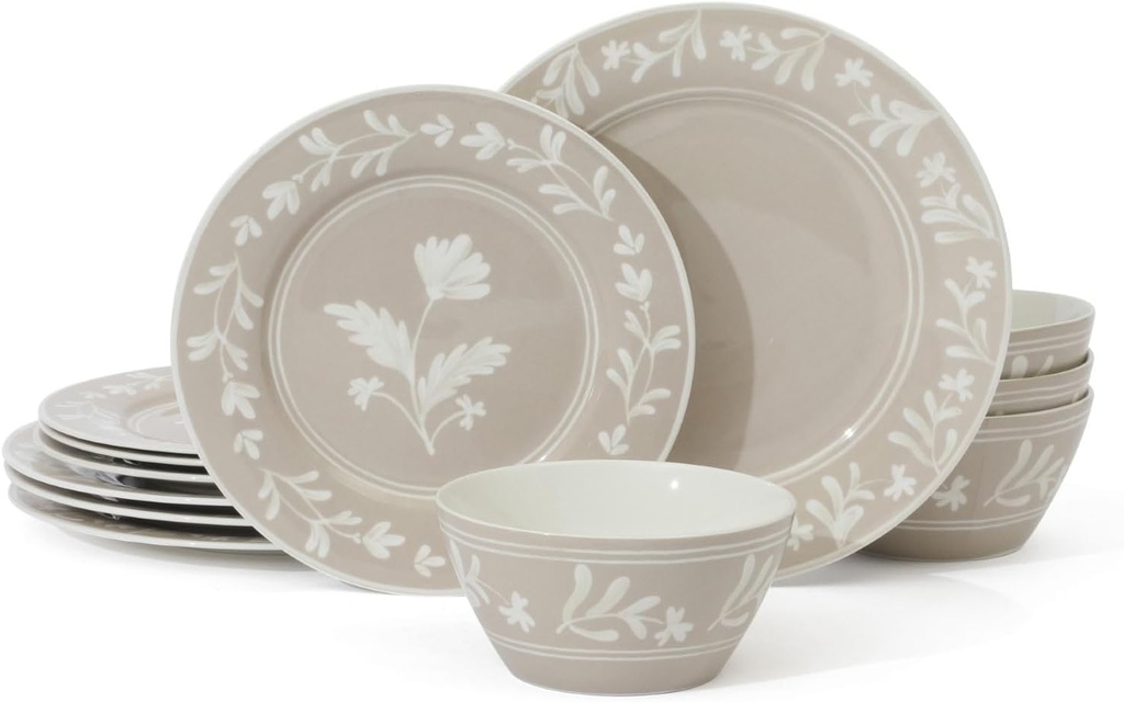 Martha Stewart Maiden Crown 12-Piece Taupe Dinnerware Set – Vegan Bone China Ceramic Plates & Bowls – Floral Design – Service for 4 – Dishwasher & Microwave Safe