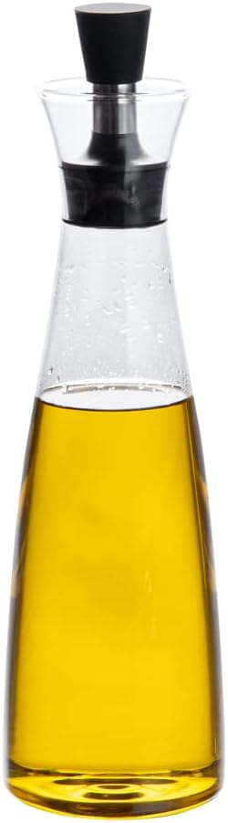 Restaurantware-Forma Professional 3 x 3 x 10.5 Inch Glass Oil Drizzler, 1 Borosilicate Olive Oil Dispenser - 17-Ounce Capacity, Stainless Steel Spout, Glass Bottle Dispenser, Silicone Cap, For Oils