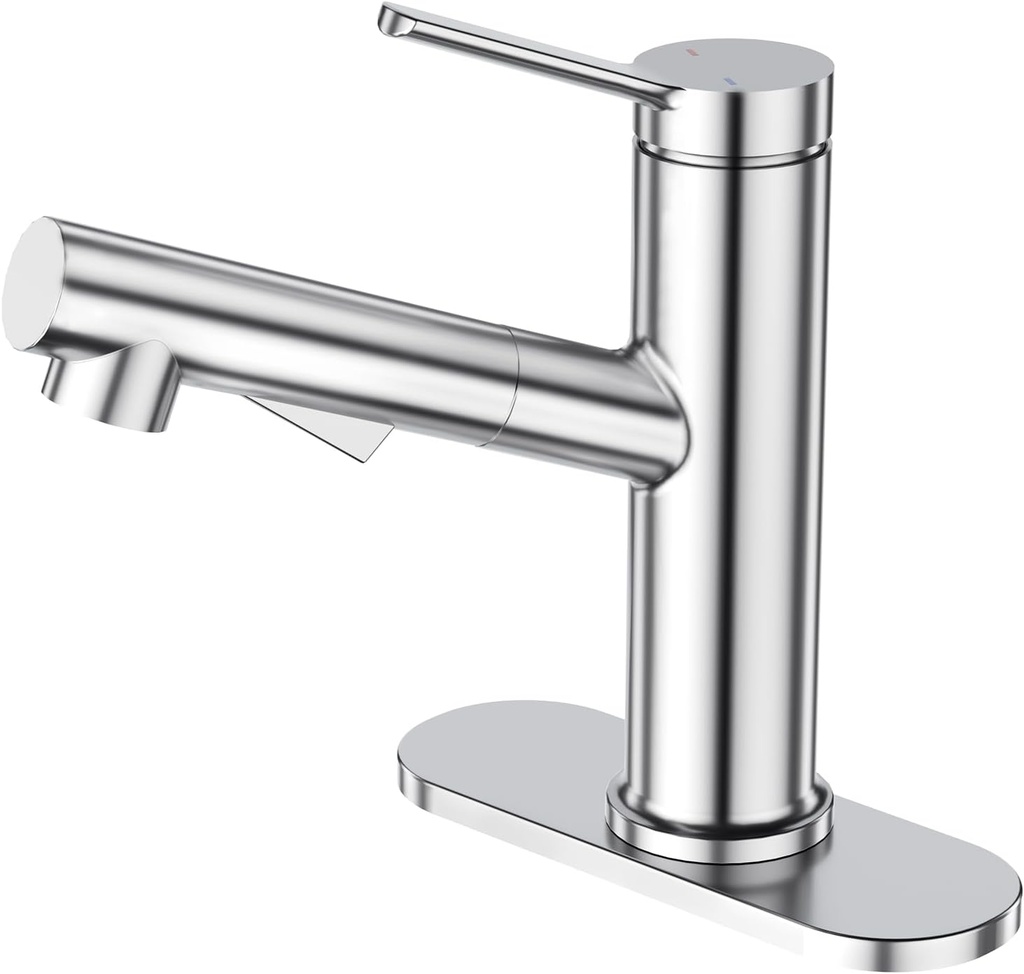 Faustina Chrome Bathroom Faucet with Pull Out Sprayer, Single Handle Bathroom Faucet 1 Hole,RV Bar Laundry Room Utility Sink Faucet with Sprayer/Pop Up Drain，2 Modes Rotating Spout Basin Mixer Tap