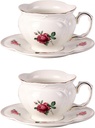 KAMMAK Tea Cups and Saucers Set of 2, Porcelain Coffee Cups, 6.8-Ounce Stackable Espresso Mugs, Ceramic Demitasse for Coffee, Latte, Americano, Tea, Baroque Rose