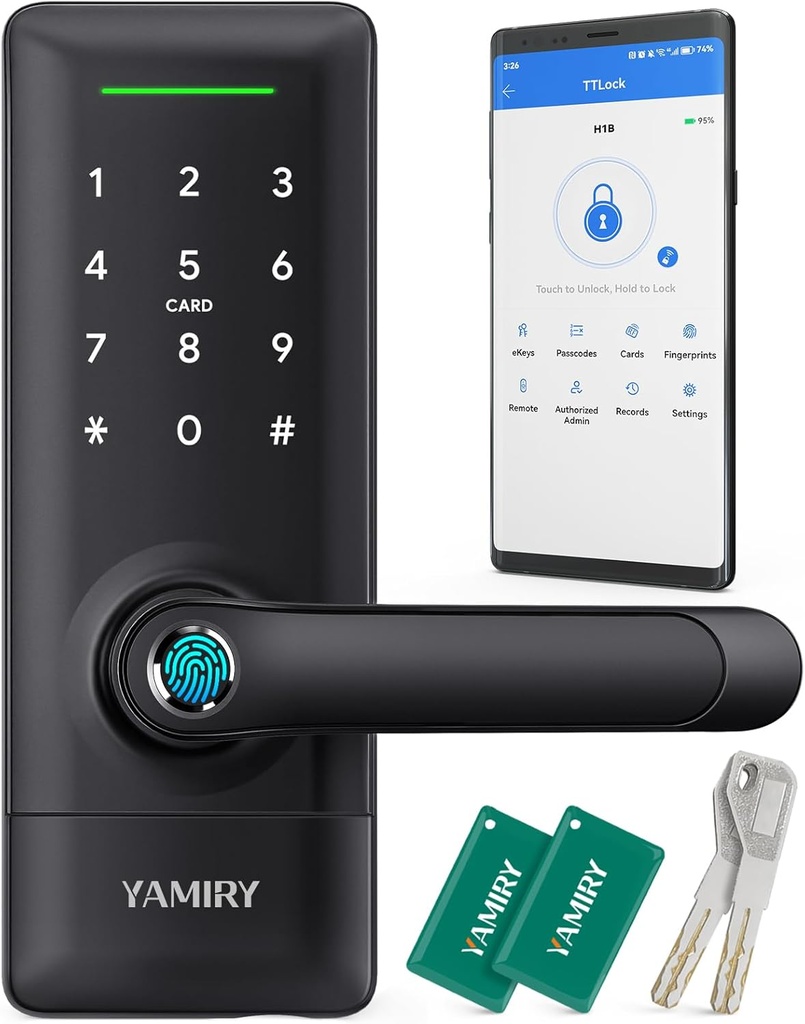 Smart Door Lock, Biometric Fingerprint, Keyless Entry, App Control, 6 Ways to Unlock, DIY Installation, Black