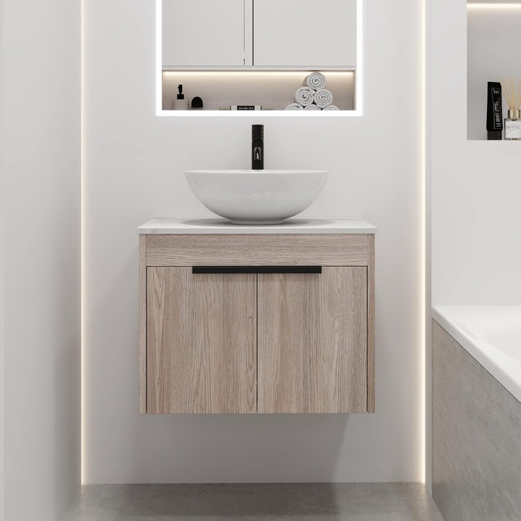 SSLine 24" Wall Mount Vanity with Marble Top & Ceramic Vessel Sink - White Oak Wooden Bathroom Vanity for Small Spaces
