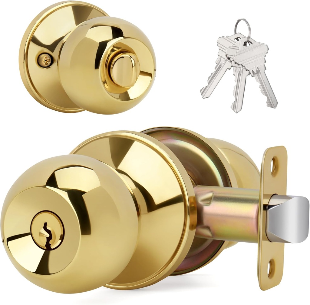Ball Design Door Knob with Keys and Lock, Keyed Entry Round Shaped Doorknob for Front/Entrance Doors, Polished Brass Finish