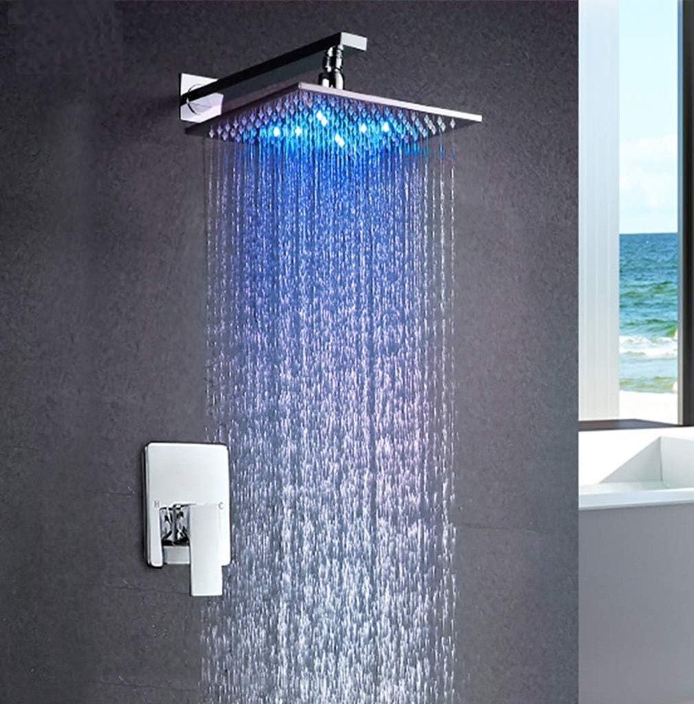 Cascada Luxury 10" Square Wall Mounted Thermostatic Shower System With Automated LED Light RGB Color - Stainless Steel (10 Inch, Gold)