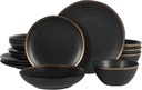Gibson Elite Kings Road Double Plates and Bowl Organic Round Porcelain Dinnerware Set - Matte Black w/Gold Rim