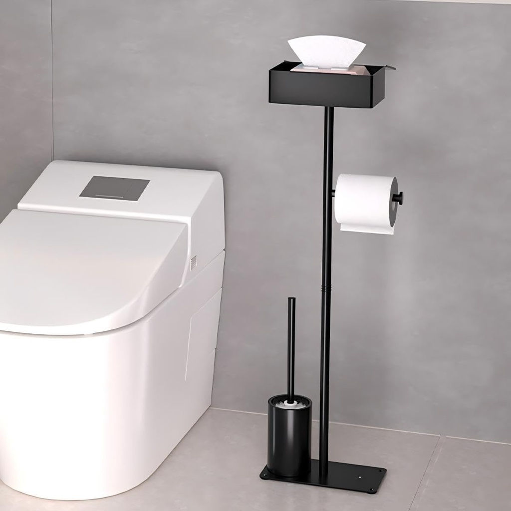 Modern Freestanding Bathroom Organizer Stand with Tissue Box, Toilet Paper Holder, Brush Holder, Black Metal, 3-in-1 Storage Solution