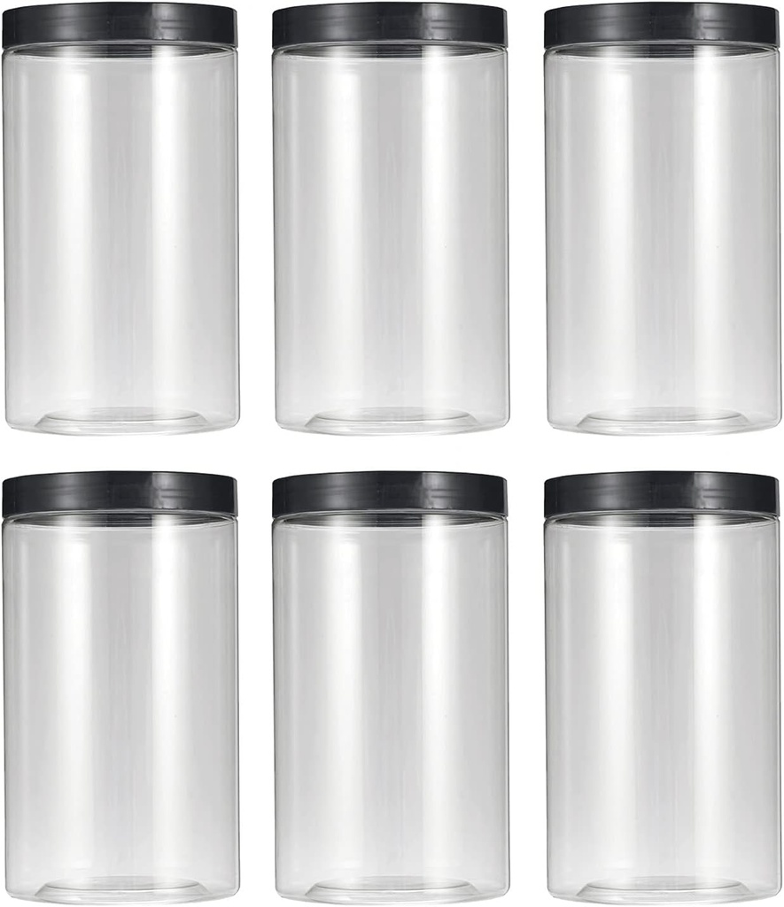 43oz (1280 ml) Clear Plastic Jars with Smooth Black Lids and Labels (6 Pack), Wide Mouth, BPA Free, PET Jars Bulk for Home & Kitchen Pantry Organization and Storage (Black)