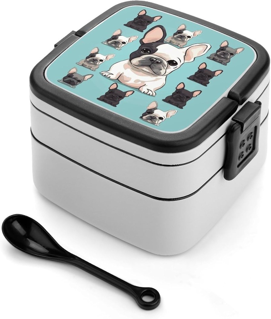 Cute French Bulldog Bento Box Double-Layer Bento Lunch Container with Spoon And Invisible Handle Adult Leak-Proof Lunchbox for Dining Out Work Picnics Travel