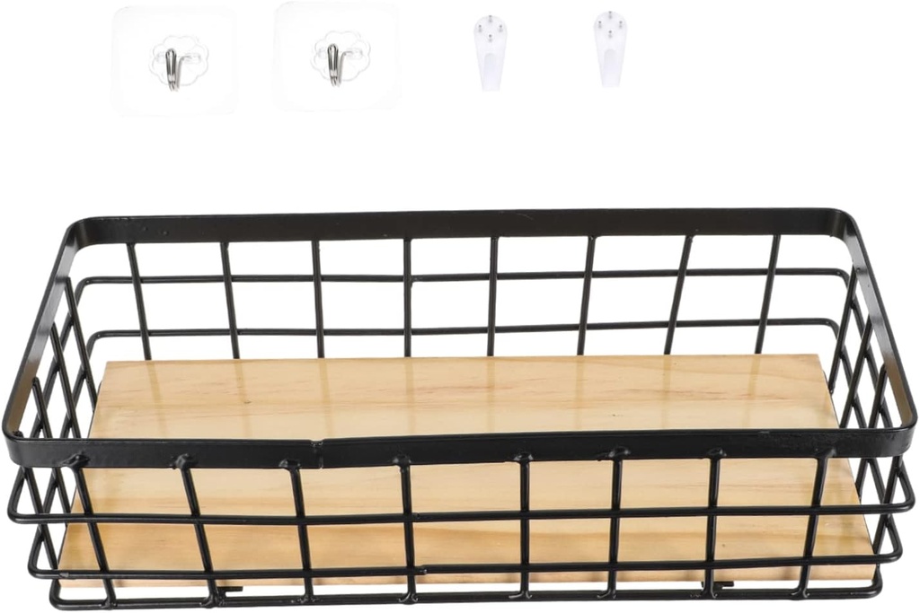 Wakauto Wall Mounted Iron Storage Basket with Wood Board Hanging Organizer for Bedroom Kitchen Office Black Rack for Sundries Space Saving Decor