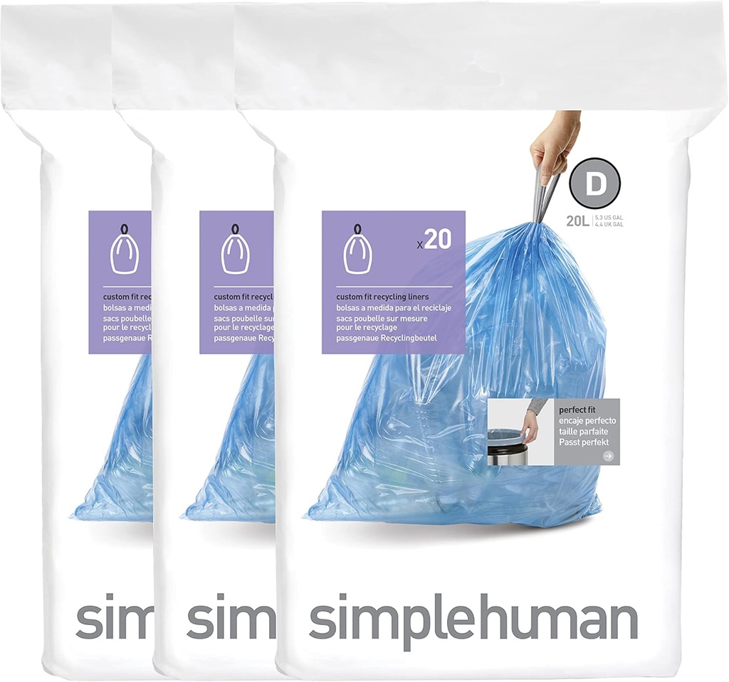 simplehuman Code D 60 Count, Genuine Custom Fit Liners, Drawstring Trash Bags in Dispenser Packs, 20 Liter / 5.3 Gallon, Blue