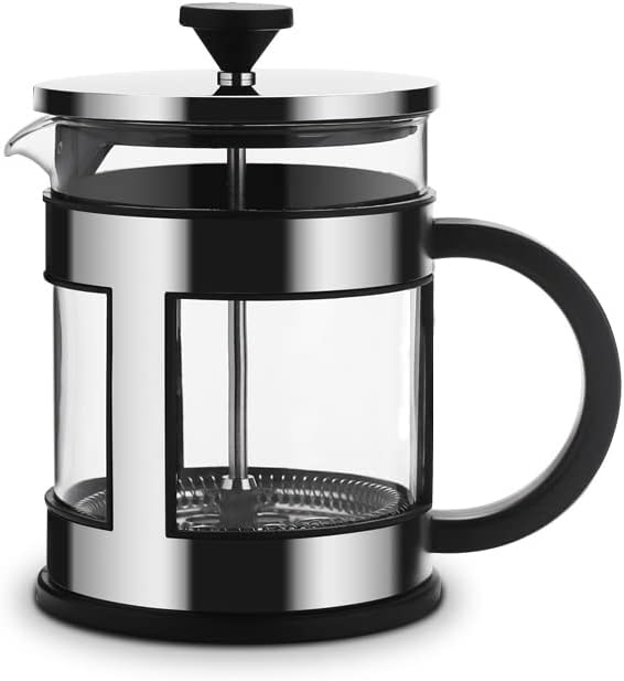 Coffee Press Glass Teapot Coffee Tea Percolator Filter Press Plunger Manual Coffee Espresso Maker Pot Stainless Steel Pots(Black 600ML)