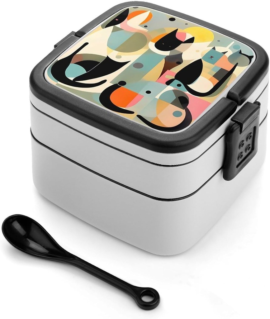 Mid-Century Modern Art Cat Bento Box Adult Lunch Box All-in-One Lunch Containers with Removable Compartments Double Layer Bento Lunch Box with Spoon And Handle Stackable Lunchbox