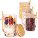 4 Pack Glass Containers with Lids and Spoons, Overnight Oat Container with Lids Glass, Oatmeal Jar with Spoons, Meal Prep Jars for Yogurt, Chia Pudding (Ribbed Round 4PCS)