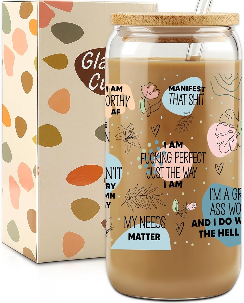 Funny Sarcastic Gifts for Friends, Birthday Gifts for Women, Positive Affirmations Cup, Appreciation Gift, Mothers Day Gift for Mom,16 oz Drinking Glass Cups with Lids Straws, Coffee Mug