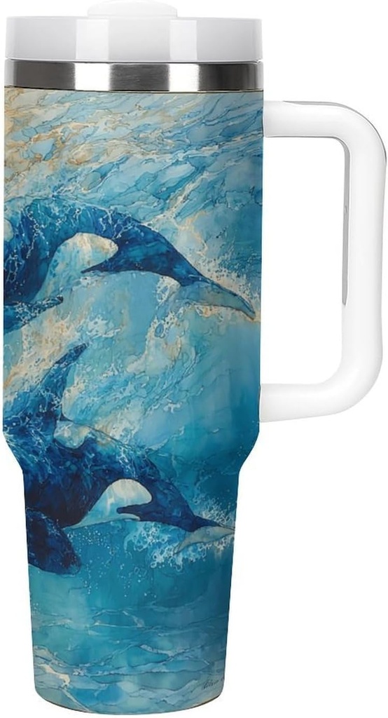 Orca Pod Swim Tumbler Insulated Travel Coffee Mug Car Cup Stainless Steel with Lid Handle Straw 40OZ