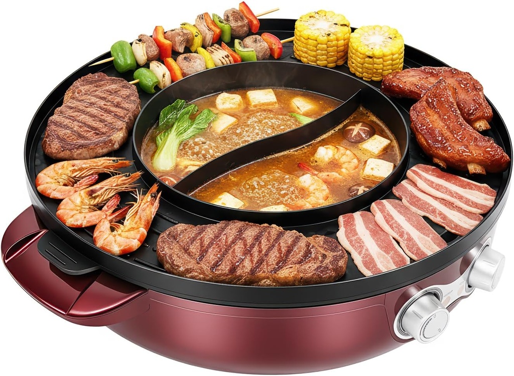 Hot Pot Electric with Grill, 2 in 1 Smokeless BBQ Grill Shabu Hotpot Electric Teppanyaki Grill Separate Dual Temperature Control Easy Clean Indoor Large Capacity for 2-5 People