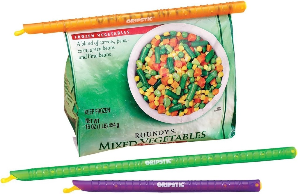 GRIPSTIC Bag Sealer - The Word's Best Reusable Chip Clips, Bag Clips. Patented. Airtight & Waterproof Seal on Food Storage Bags, Kids Snacks & More. Near Zero Waste. 3ct Variety Pack
