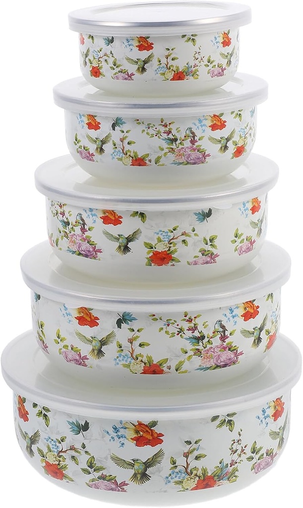 5pcs Enamel Bowl, Enamelware Mixing Bowl with Lid Salad Serving Bowl Cereal Bowl Food Container Bento Lunch Boxes for Noodles Fruit Ramen B, 18.60X18.60X7.50CM, Red