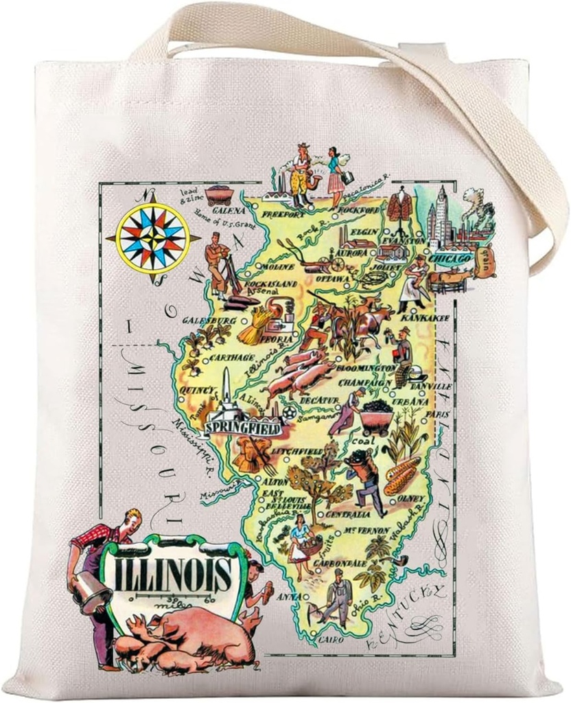 LEVLO Fun State Map Of Illinois Tote Bag Illinois Travel Souvenir Gift 1940’s Illinois Cartoon Illustration Shoulder Bag