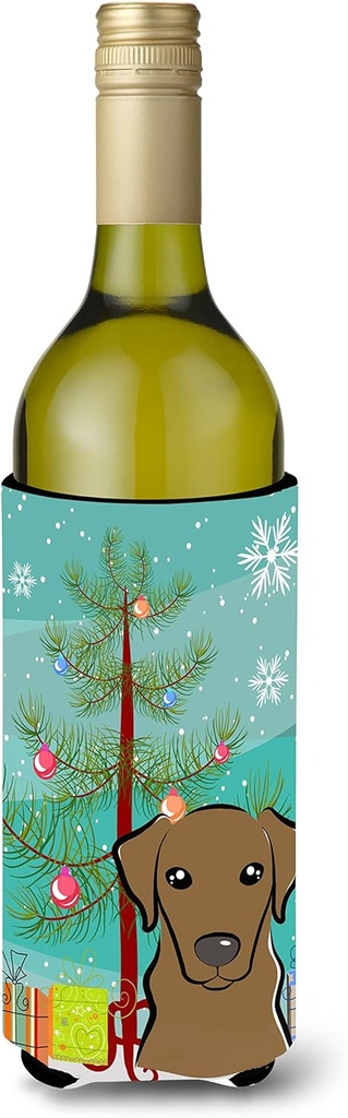 Caroline's Treasures BB1606LITERK Christmas Tree and Chocolate Labrador Wine Bottle Hugger Bottle Cooler Sleeve Hugger Machine Washable Collapsible Insulator Beverage Insulated Holder