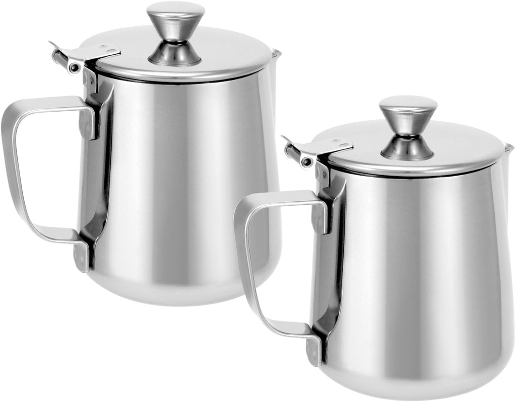 QWORK Stainless Steel Coffee Mug Milk Frothing Pitcher with Lid, 350ML, Dripless Spout, Ergonomic Handle, For Latte Coffee Art, Office and Kitchen, 2 Pcs