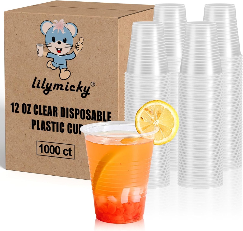 Lilymicky 1000 PACK 12 oz Clear Plastic Cups, Cold Disposable Party Drinking Cups for Parties, Picnic, BBQ & Events