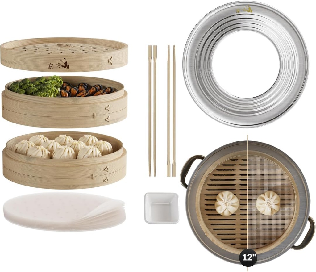 Prime Home Direct 12-Inch Bamboo Steamer Basket | Stainless Steel Steamer Ring Adapter | 12-Inch Silicone Liners | Steaming Asian Food, Bao Buns, Chinese, Dim Sum, Dumpling, Rice, Vegetable Steam Pot