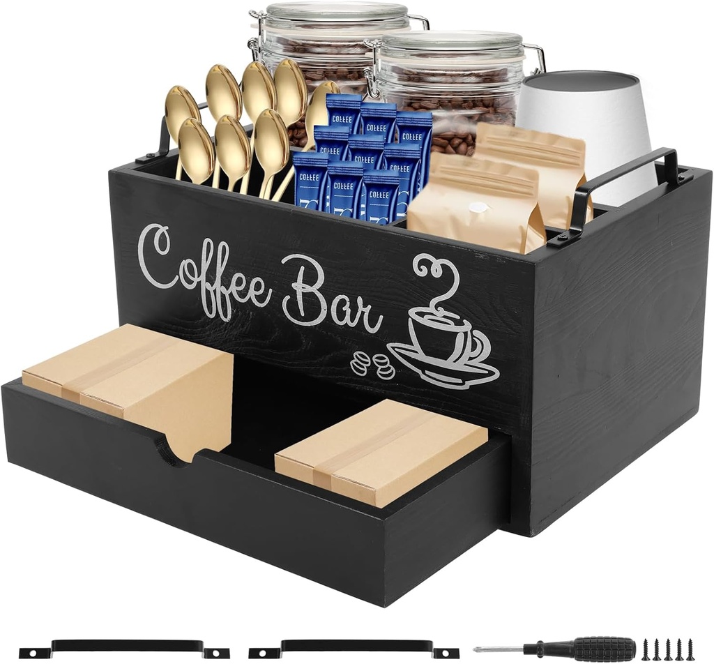 Double Layer Coffee Bar Organizer Station with Drawer and Metal Handles Wood Coffee Station Organizer Versatile Coffee Bar Organizer for Cups Coffee Pods Sugar US