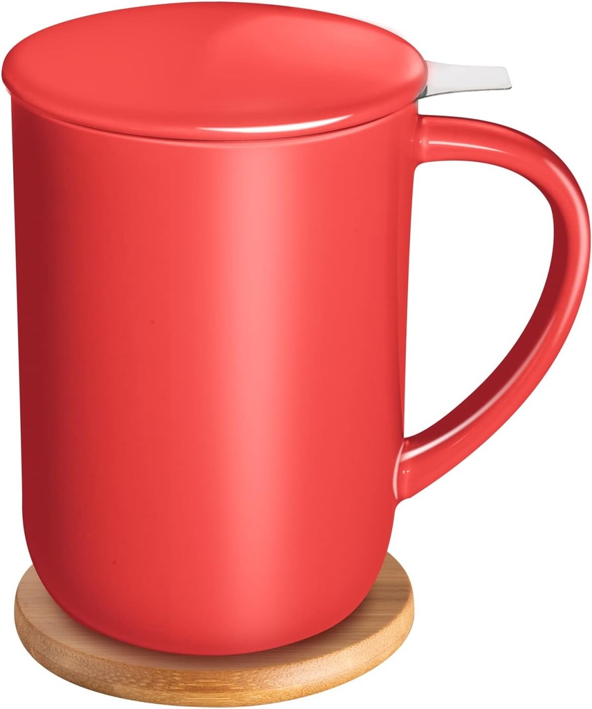 Porcelain Tea Mug with Infuser and Lid, Teaware with Filter and Coaster, Loose Leaf Tea Cup Steeper Maker, 16 OZ for Tea Coffee Milk Women Office Home Gift (Red)