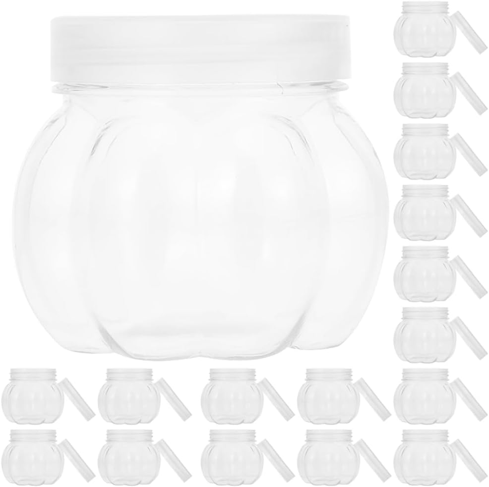 LOGOFUN 20Pcs Clear Pumpkin Shaped Candy Jars Transparent Pumpkin Shaped Cookie Jar Halloween Sweet Storage Container for Party Supplies - 150ml